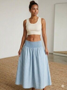 J.Crew 100% Cotton Light Blue Smocked Dropoed Waist Midi Skirt Baby Doll Dress S